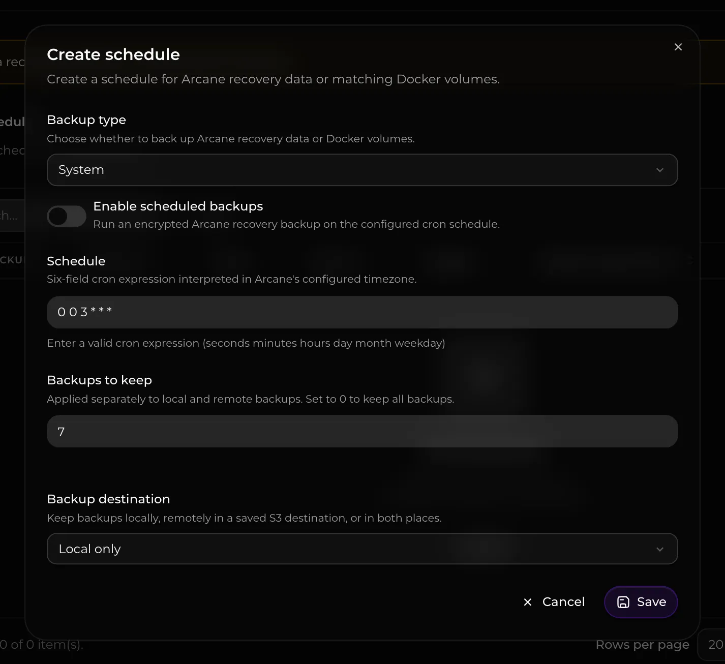 A volume backup schedule set for 2 AM with seven backups retained.
