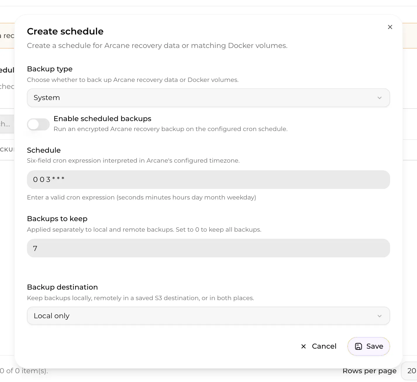 A volume backup schedule set for 2 AM with seven backups retained.