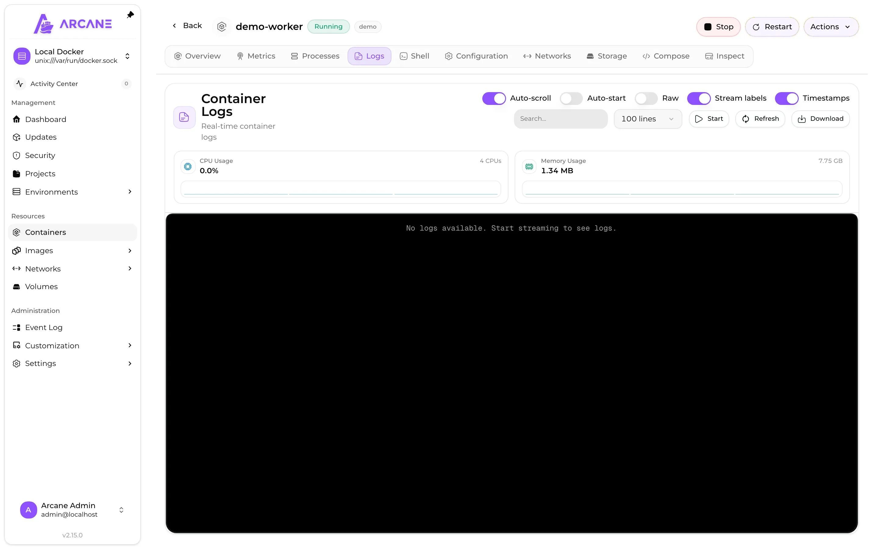 Live logs from a running worker container.