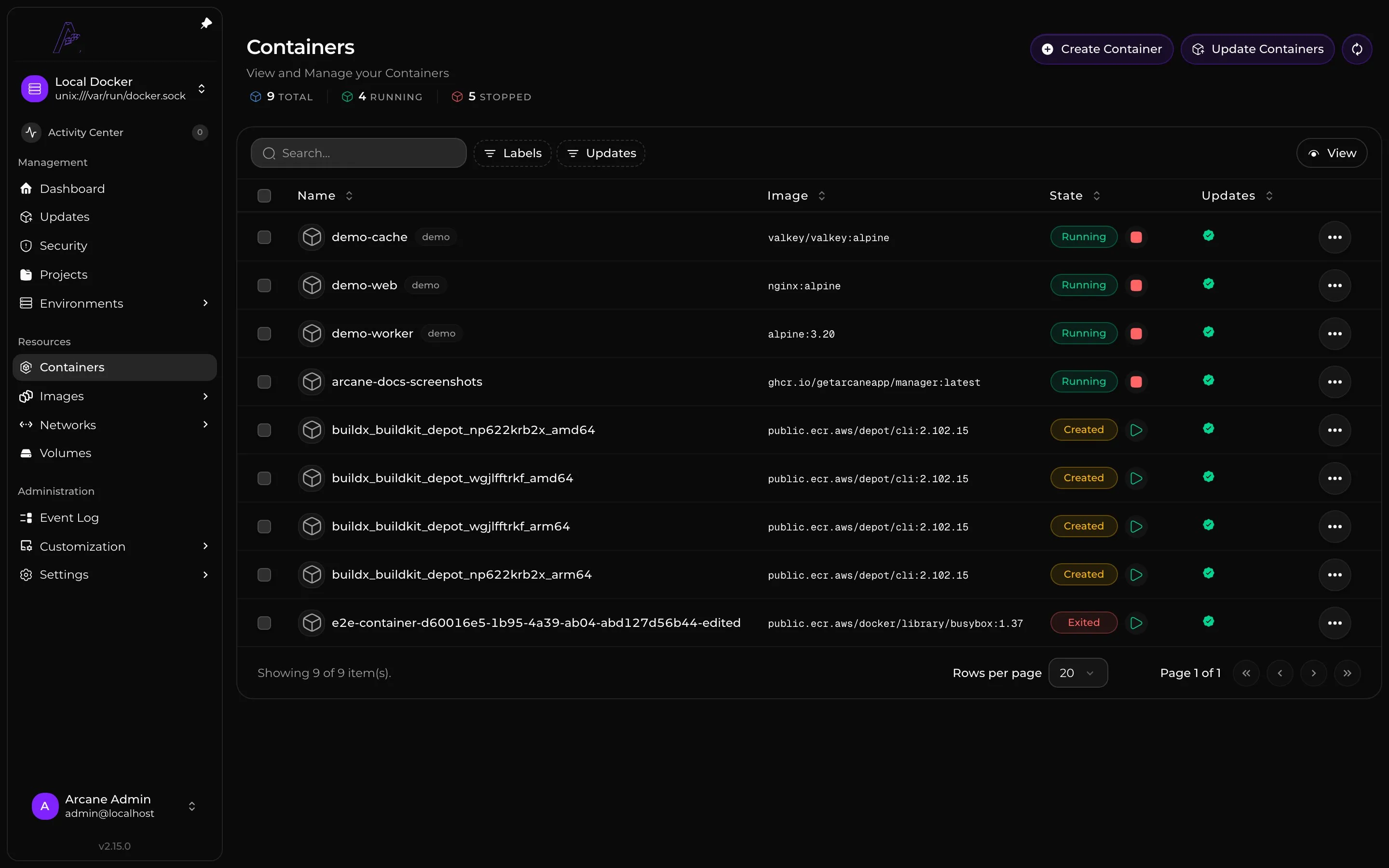 Running demo containers with image names, status, CPU usage, and memory usage.