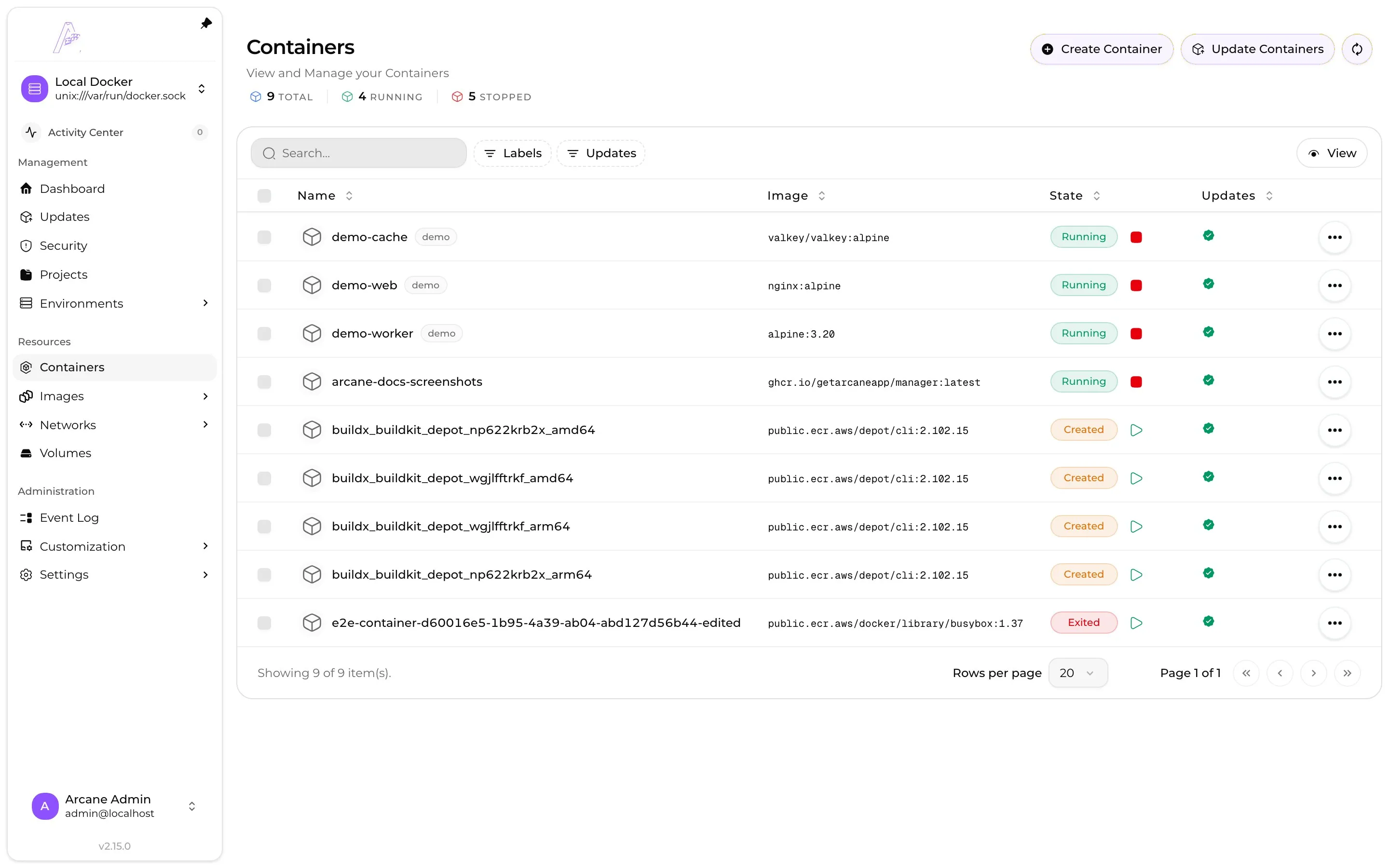 Running demo containers with image names, status, CPU usage, and memory usage.