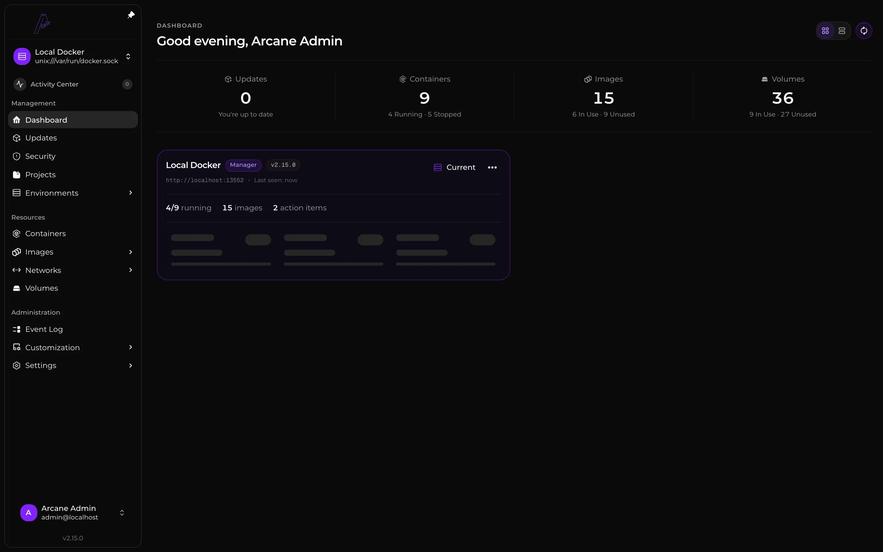 Arcane dashboard showing running containers, images, volumes, and host resource usage.