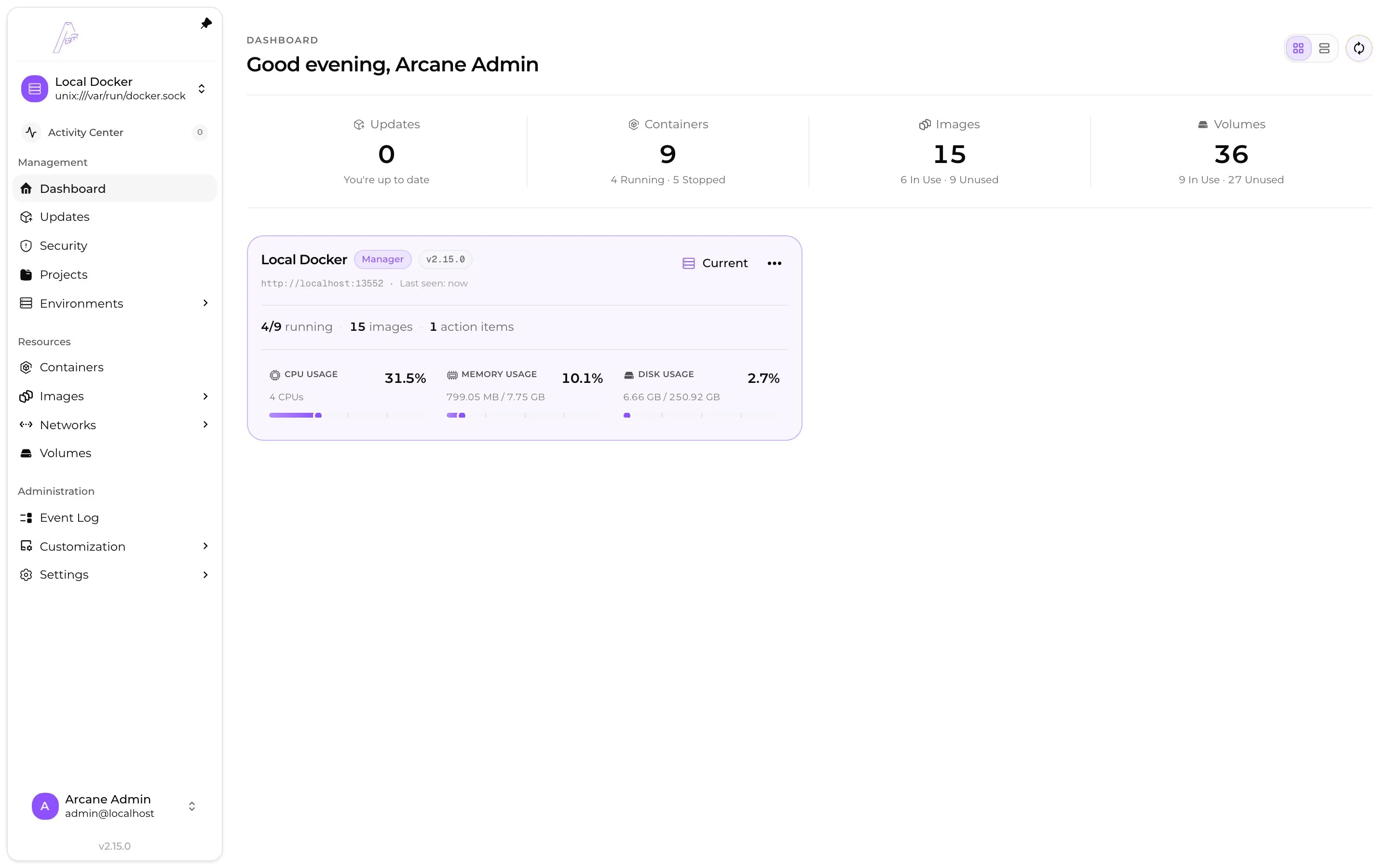 Arcane dashboard showing running containers, images, volumes, and host resource usage.