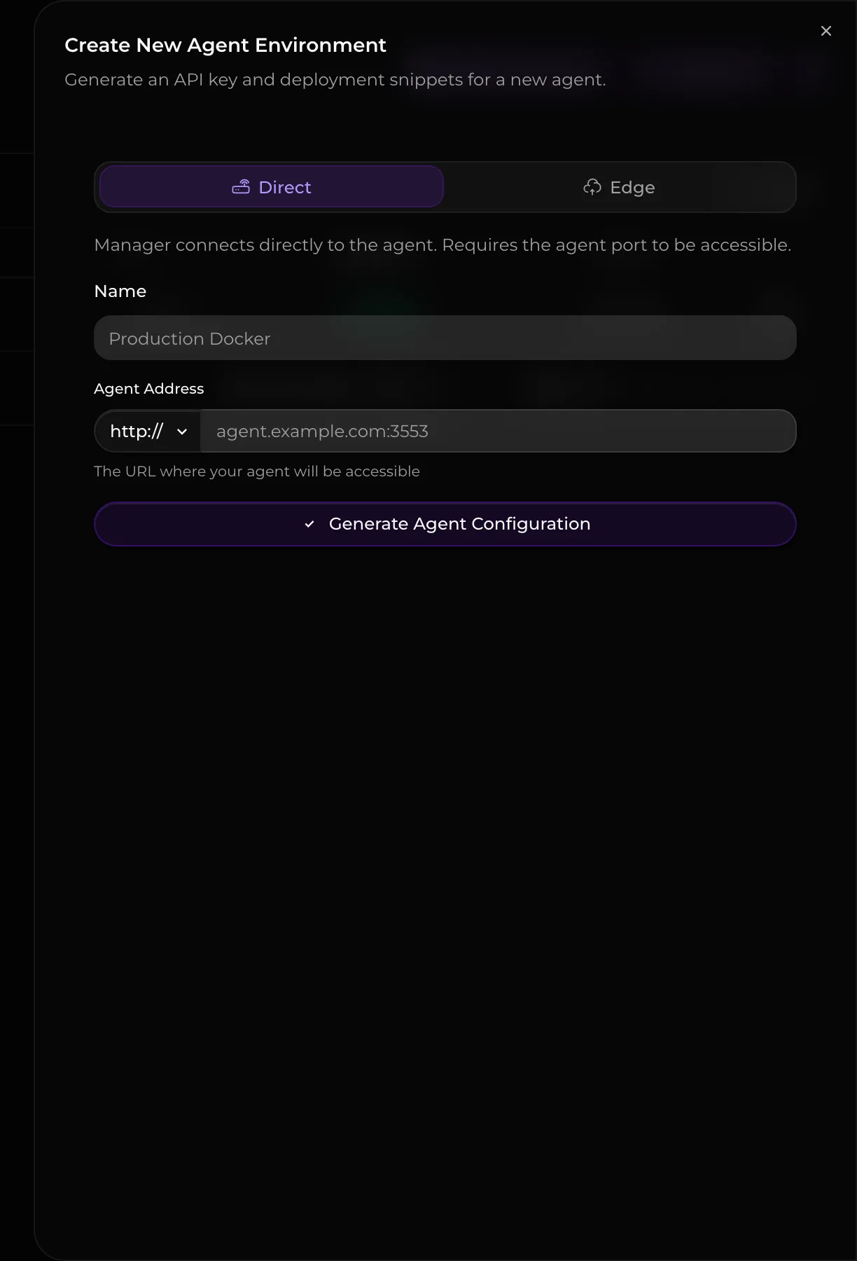 The remote environment setup dialog with Direct and Edge connection options.