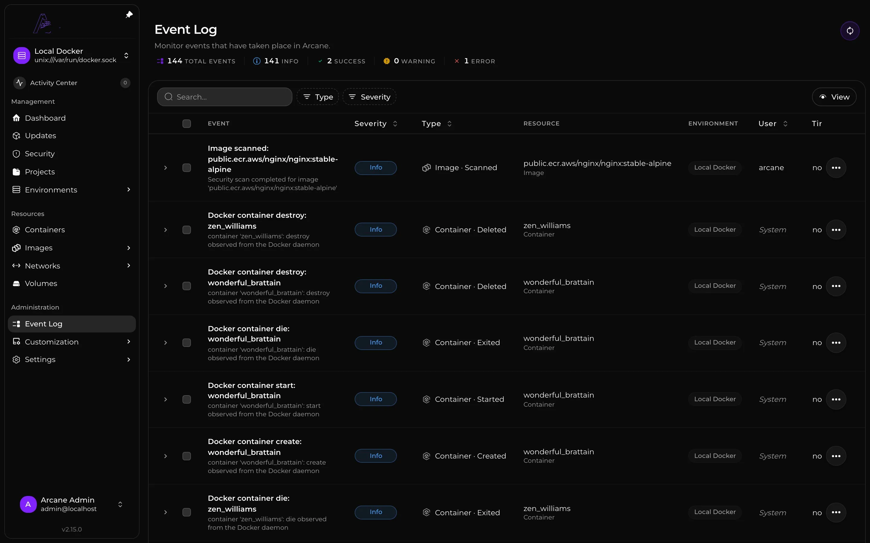 Arcane Event Log showing recorded actions and their timestamps.