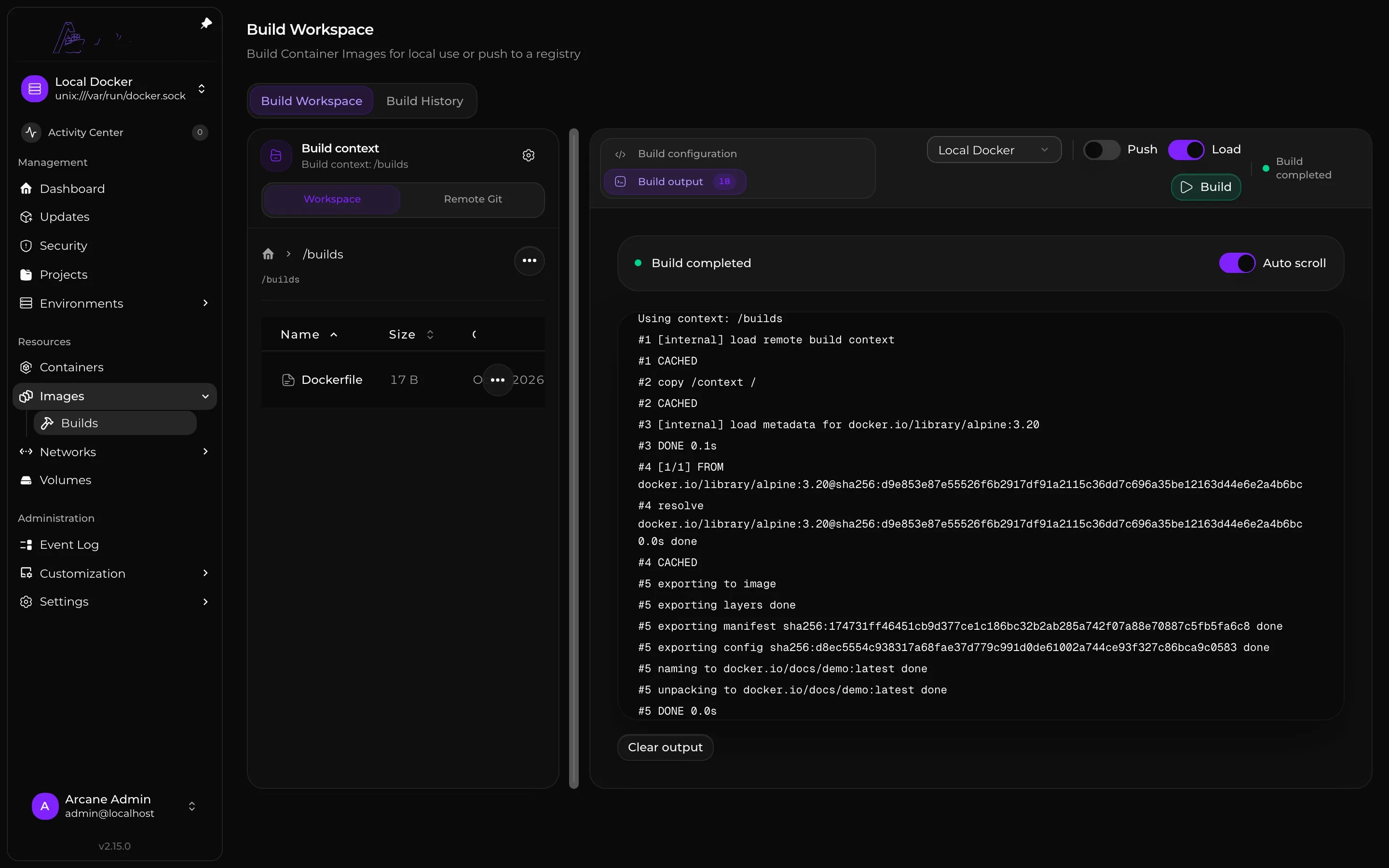 A completed local Docker image build with its context files and output.