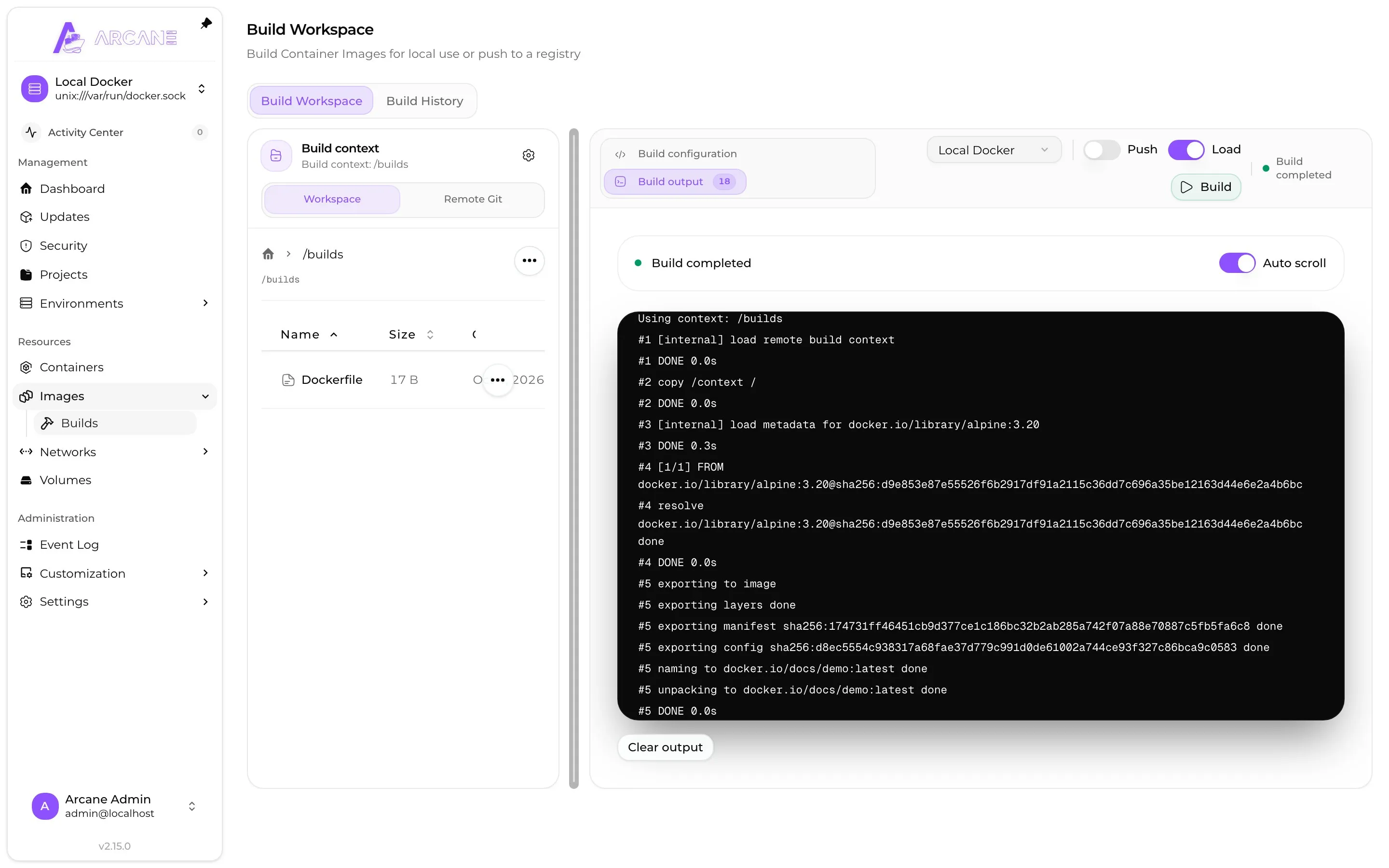 A completed local Docker image build with its context files and output.