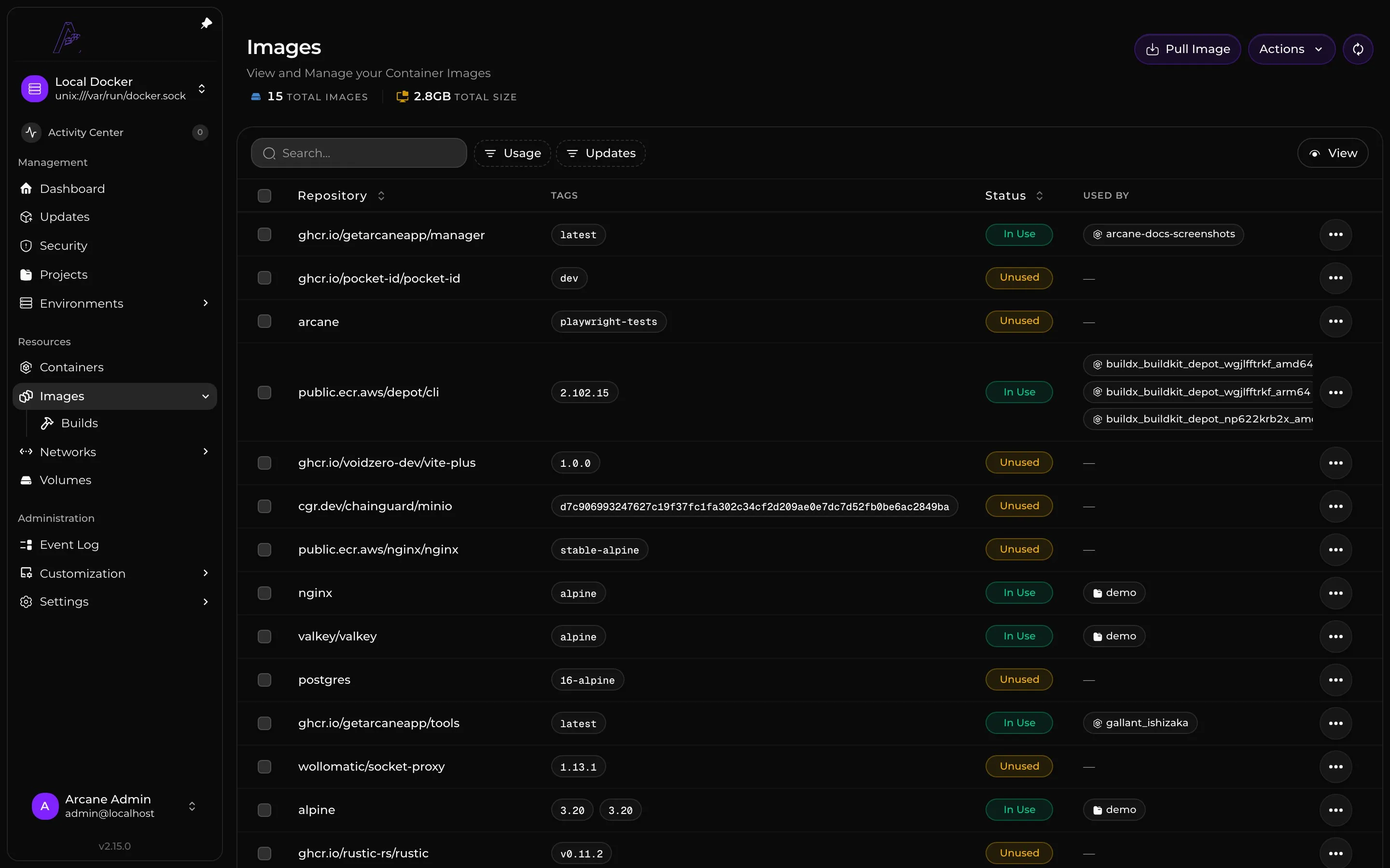 Nginx image tags, usage, sizes, and scan status in Arcane.