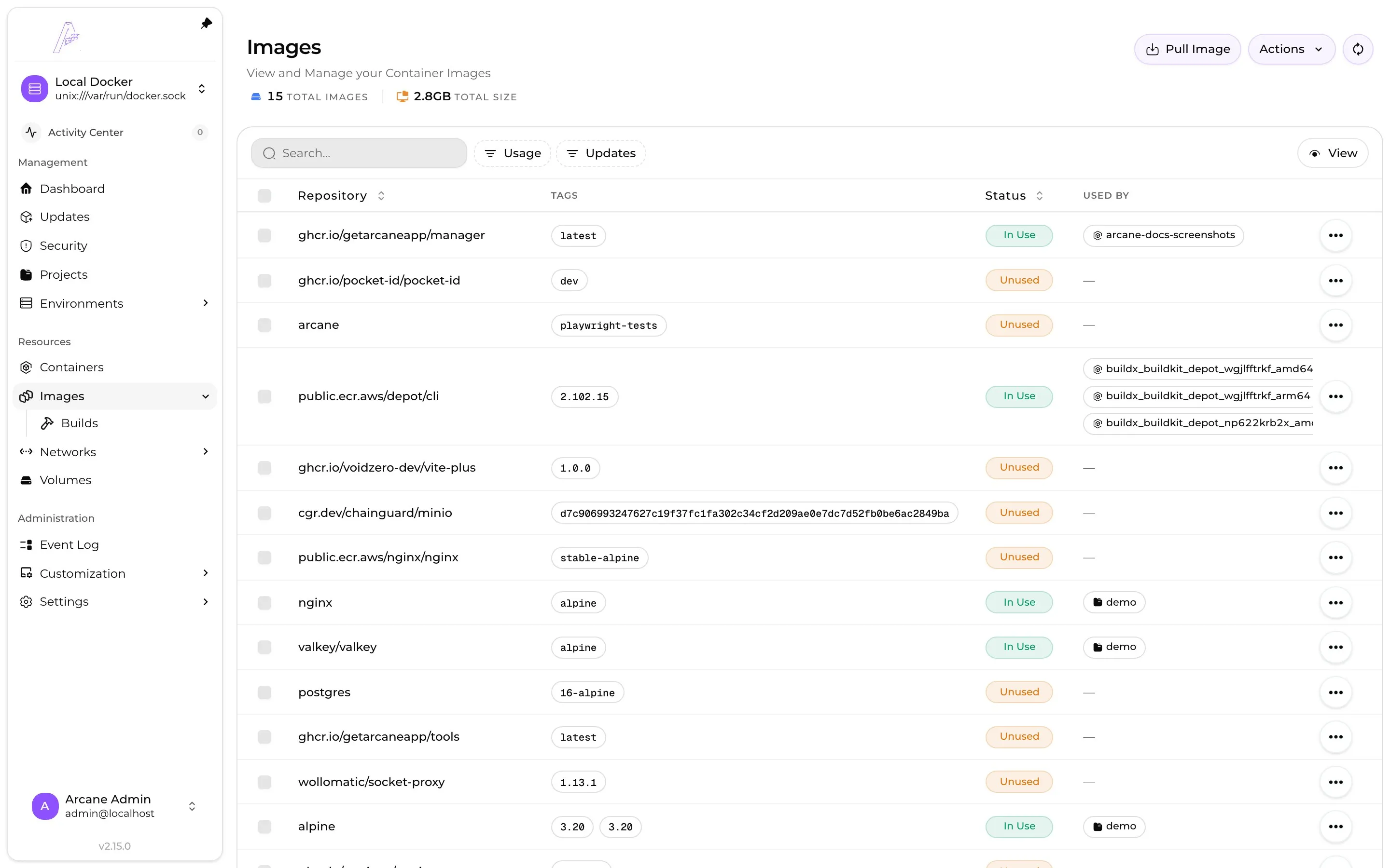 Nginx image tags, usage, sizes, and scan status in Arcane.