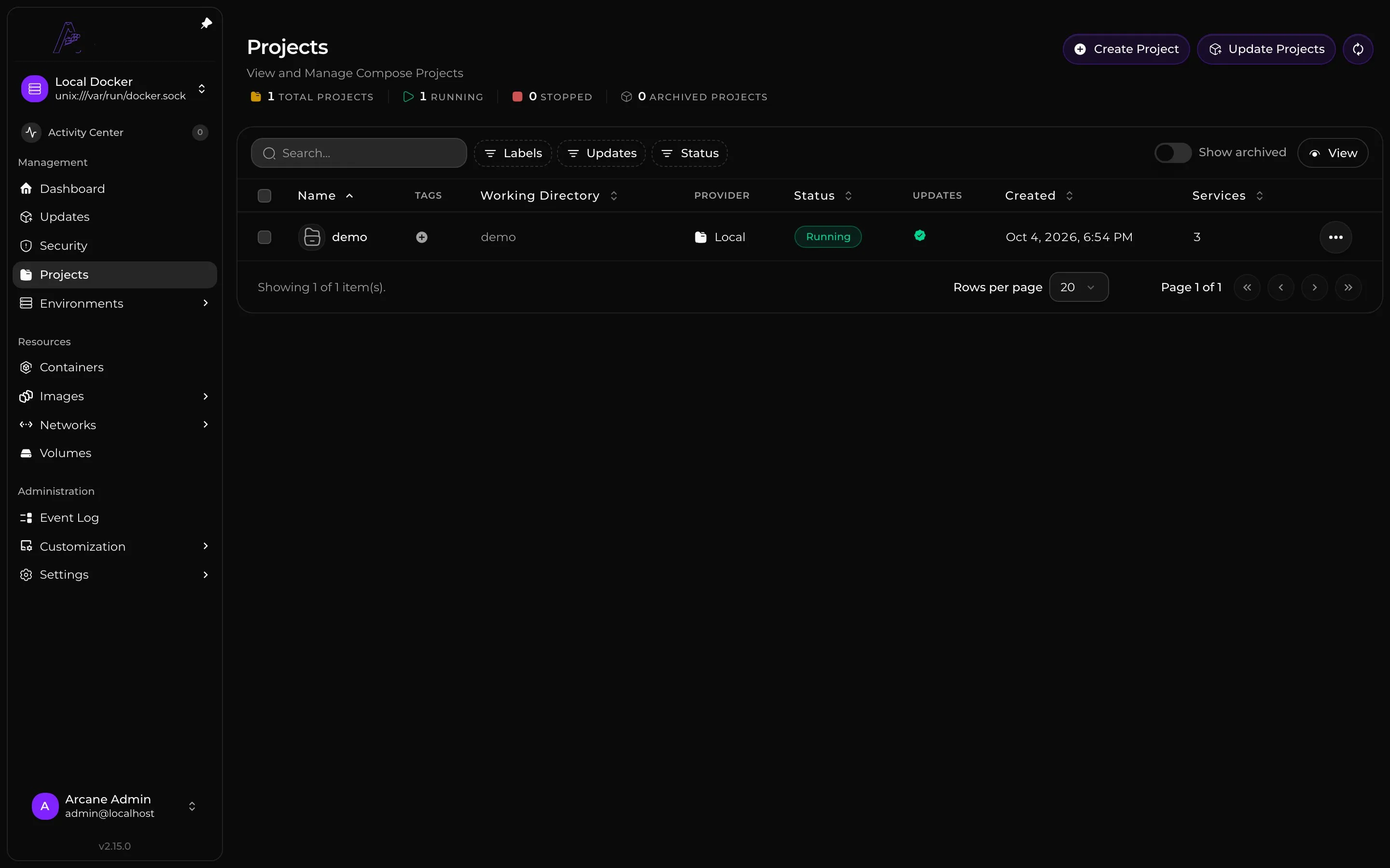 A running Compose project with three services.