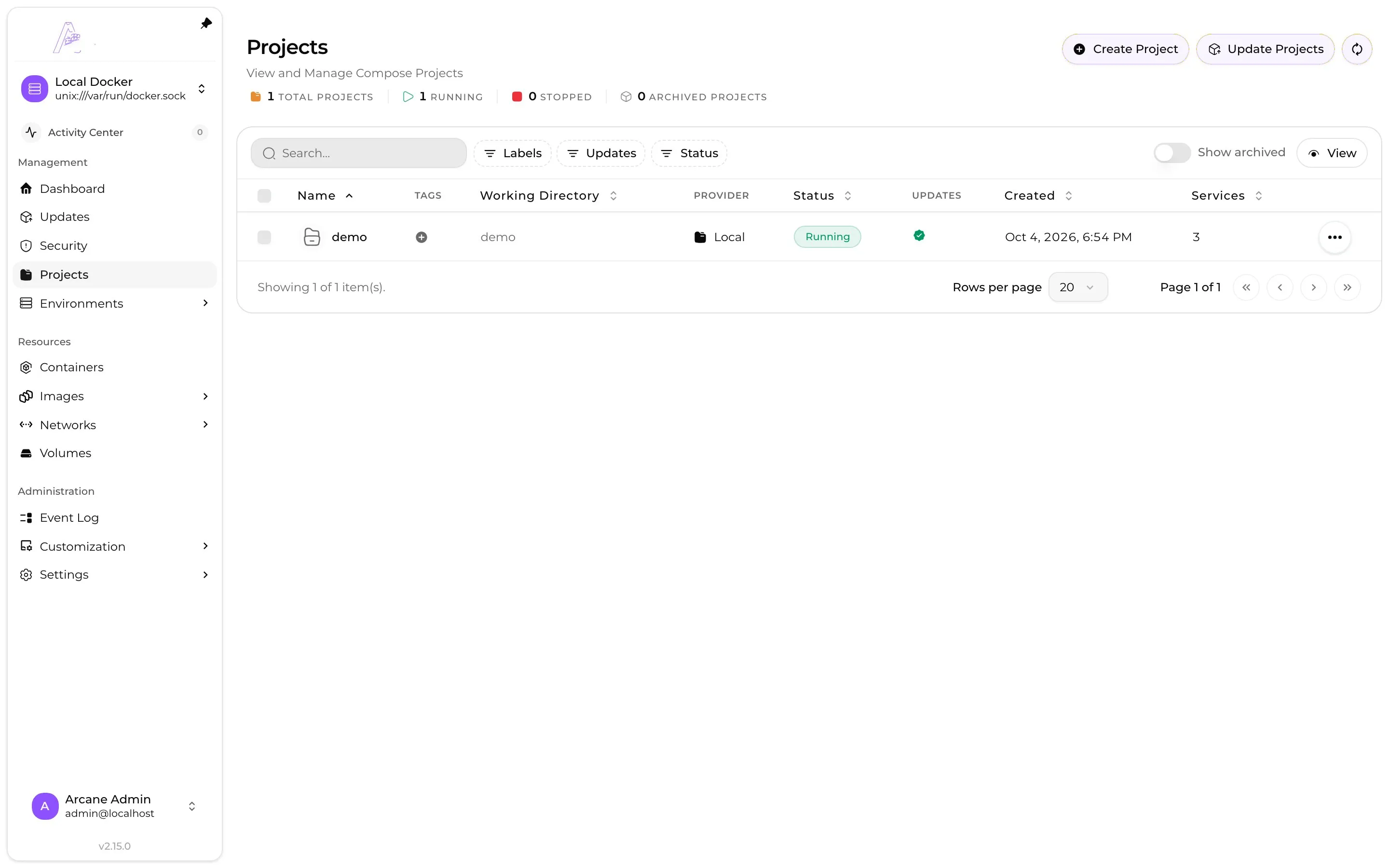 A running Compose project with three services.