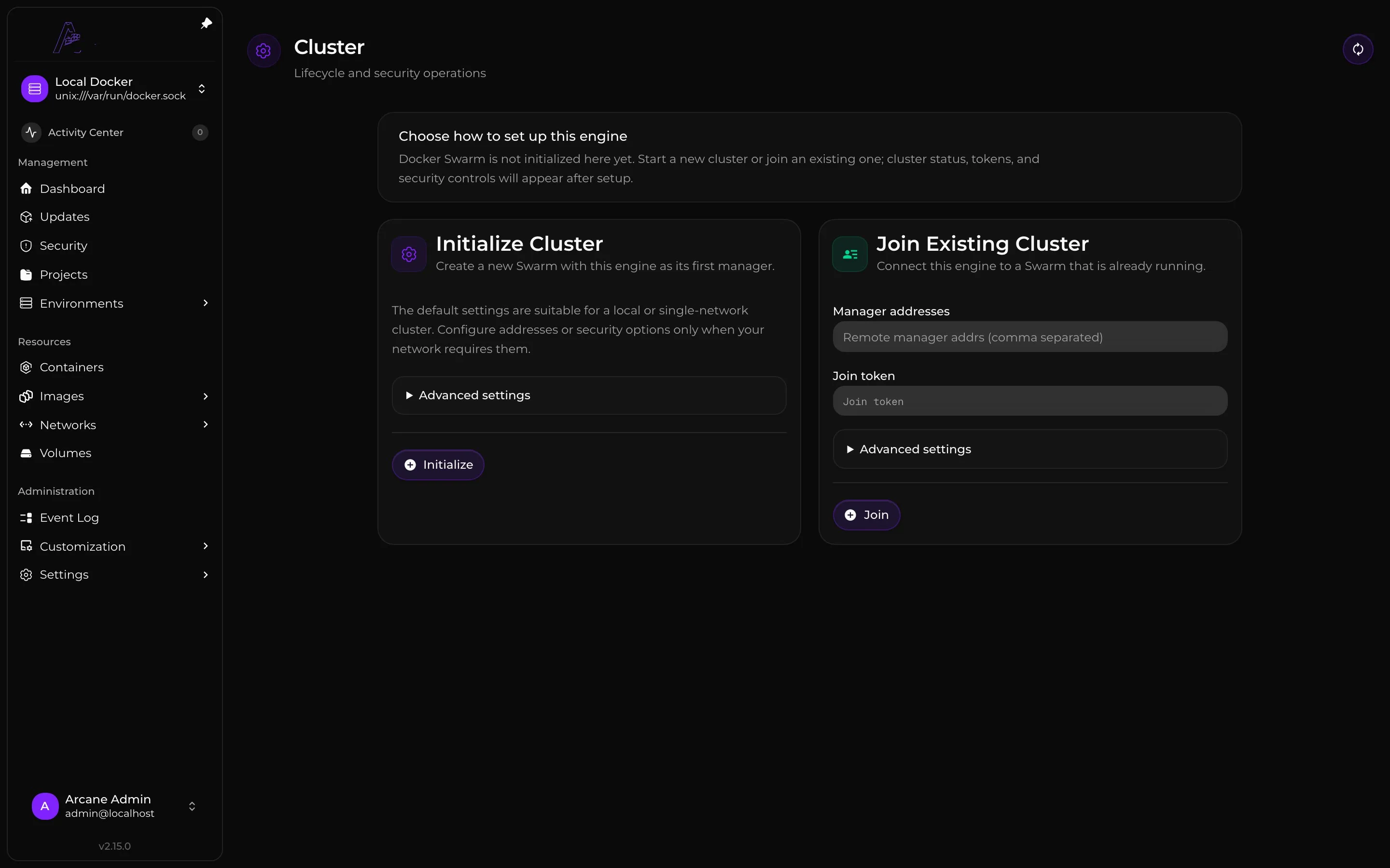 Options to initialize a Docker Swarm or join an existing cluster.