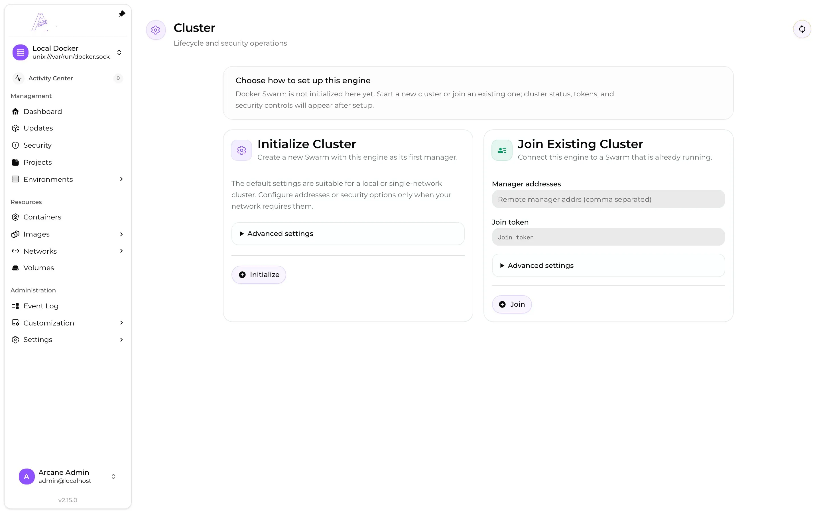 Options to initialize a Docker Swarm or join an existing cluster.