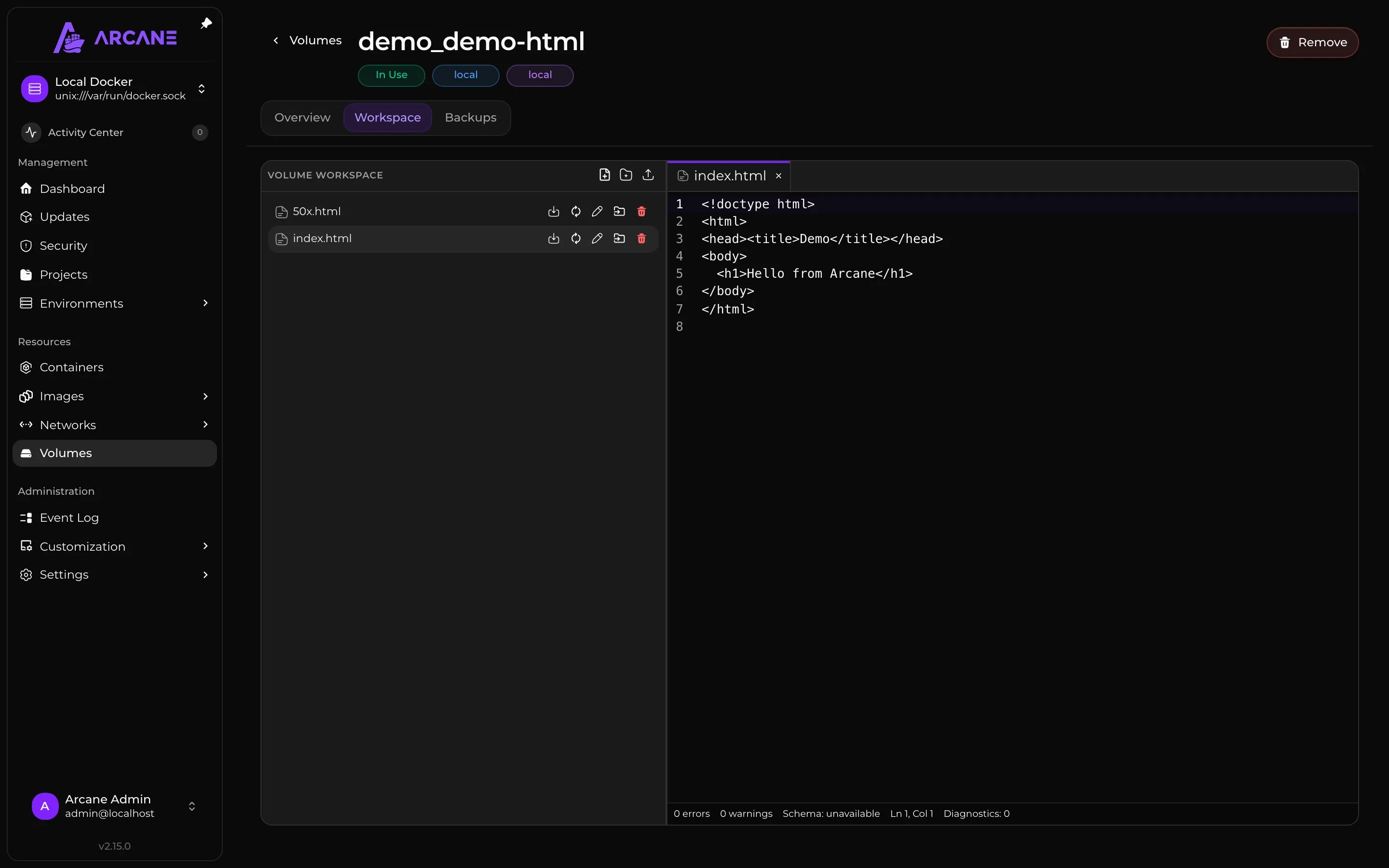 An HTML file open in the volume workspace editor.