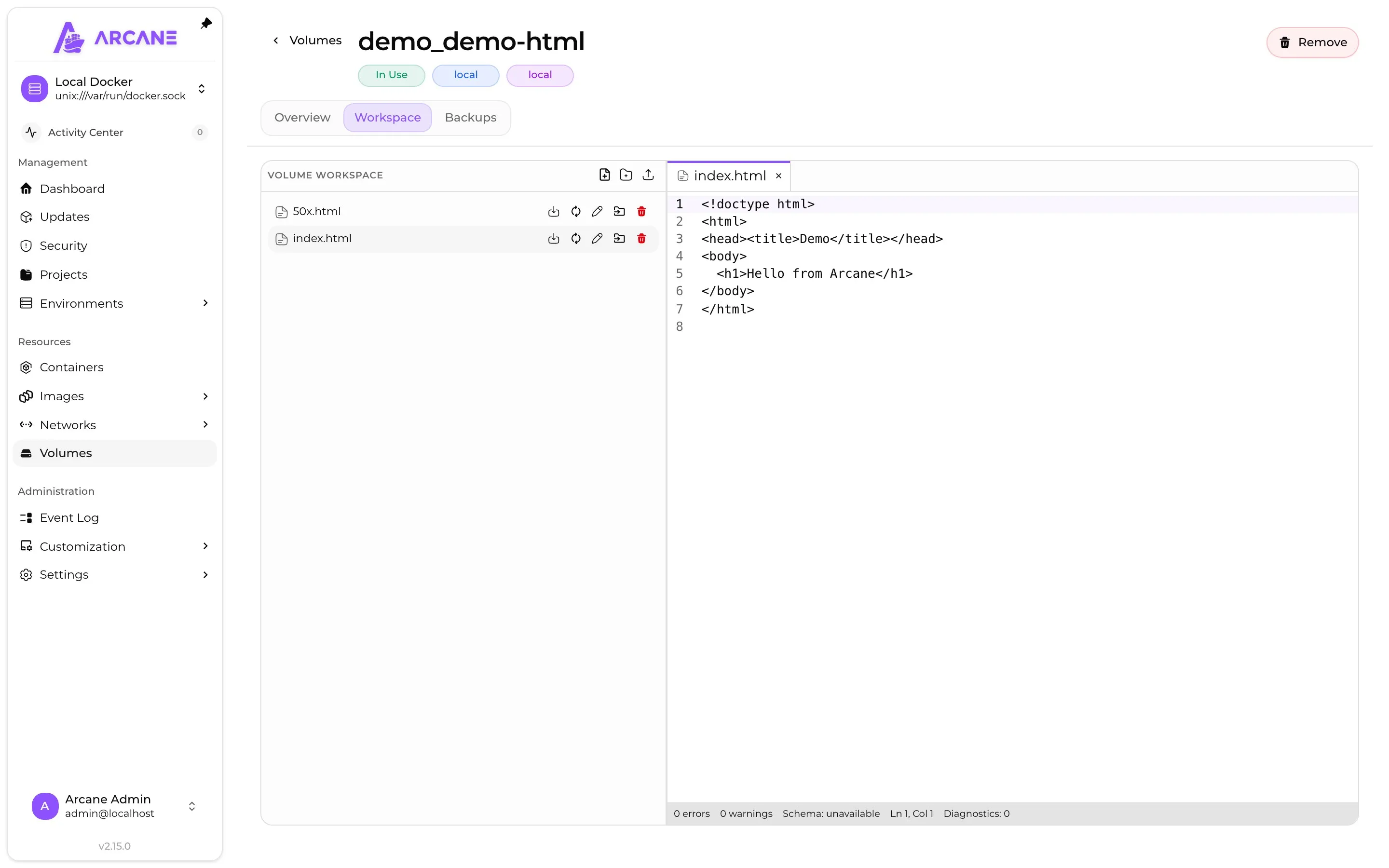 An HTML file open in the volume workspace editor.