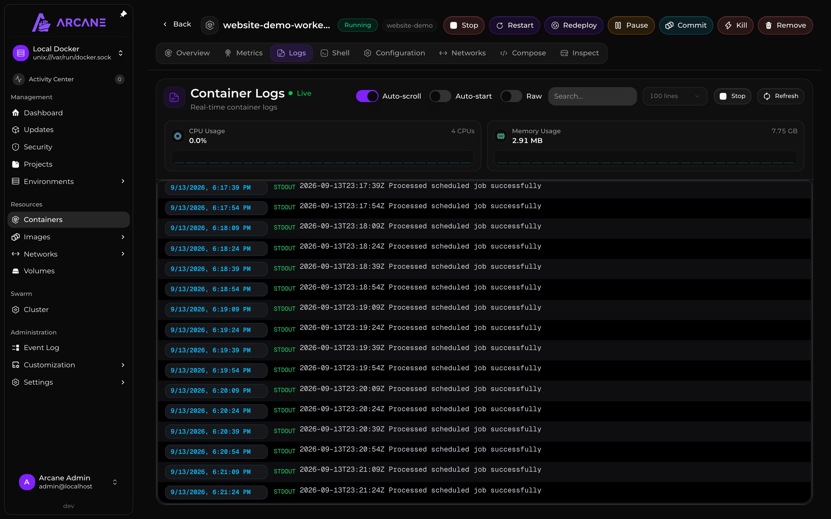 Live logs from a running worker container.