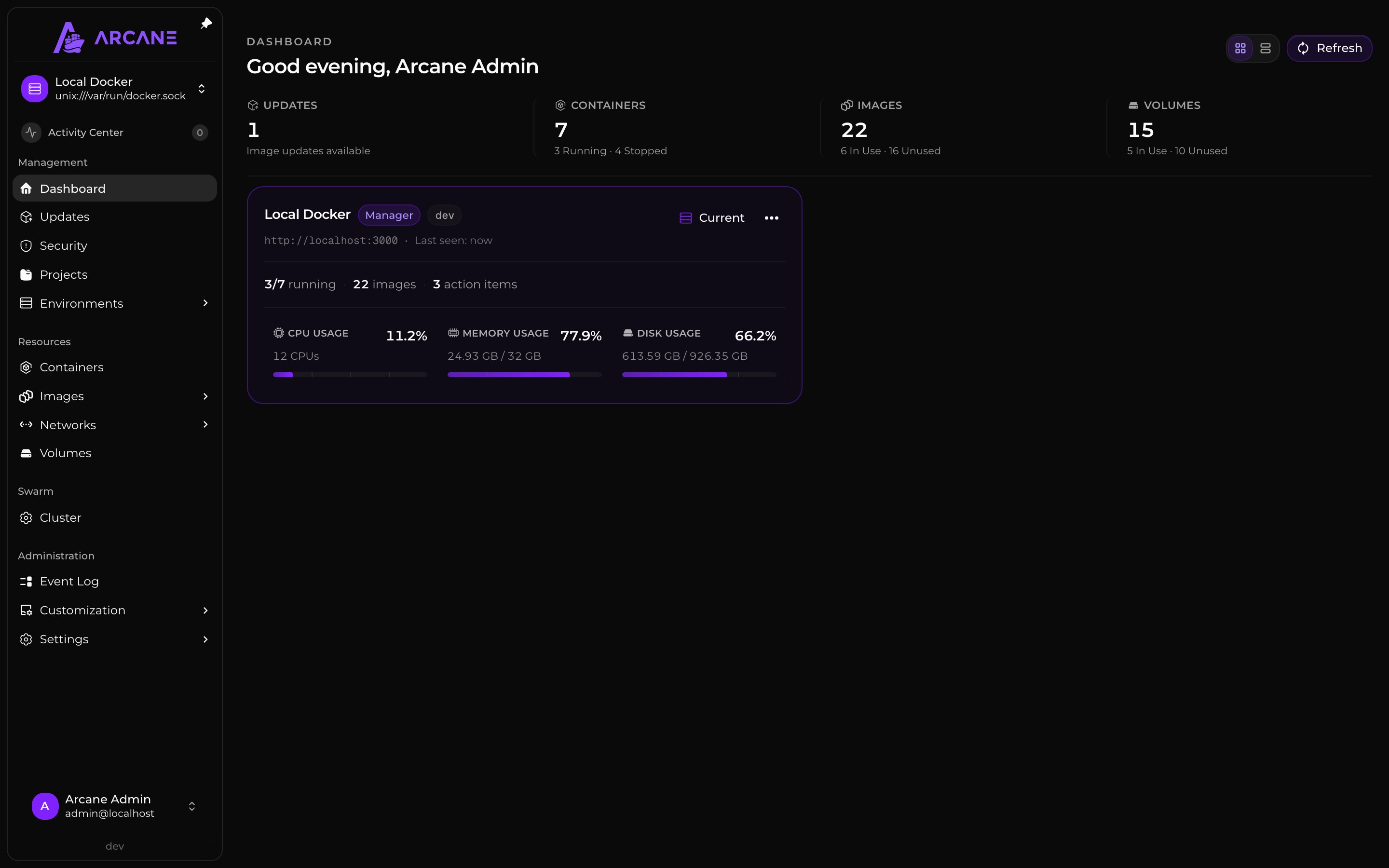 Arcane dashboard showing running containers, images, volumes, and host resource usage.