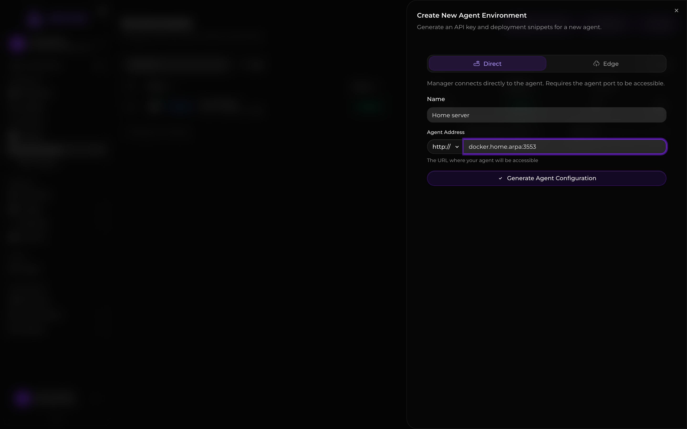 The remote environment setup dialog with Direct and Edge connection options.