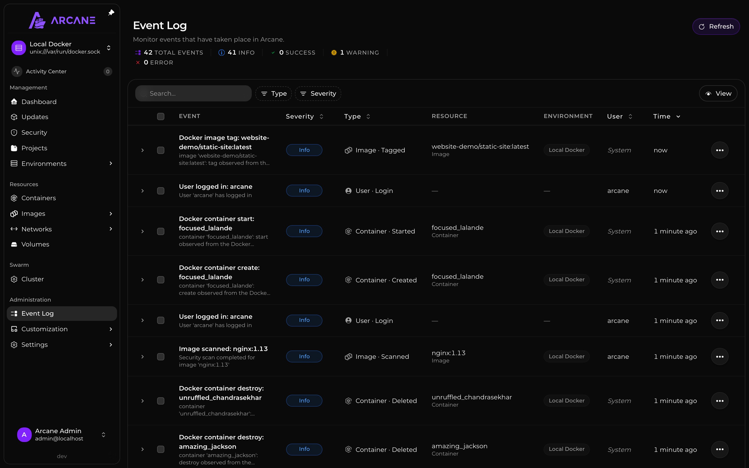 Arcane Event Log showing recorded actions and their timestamps.