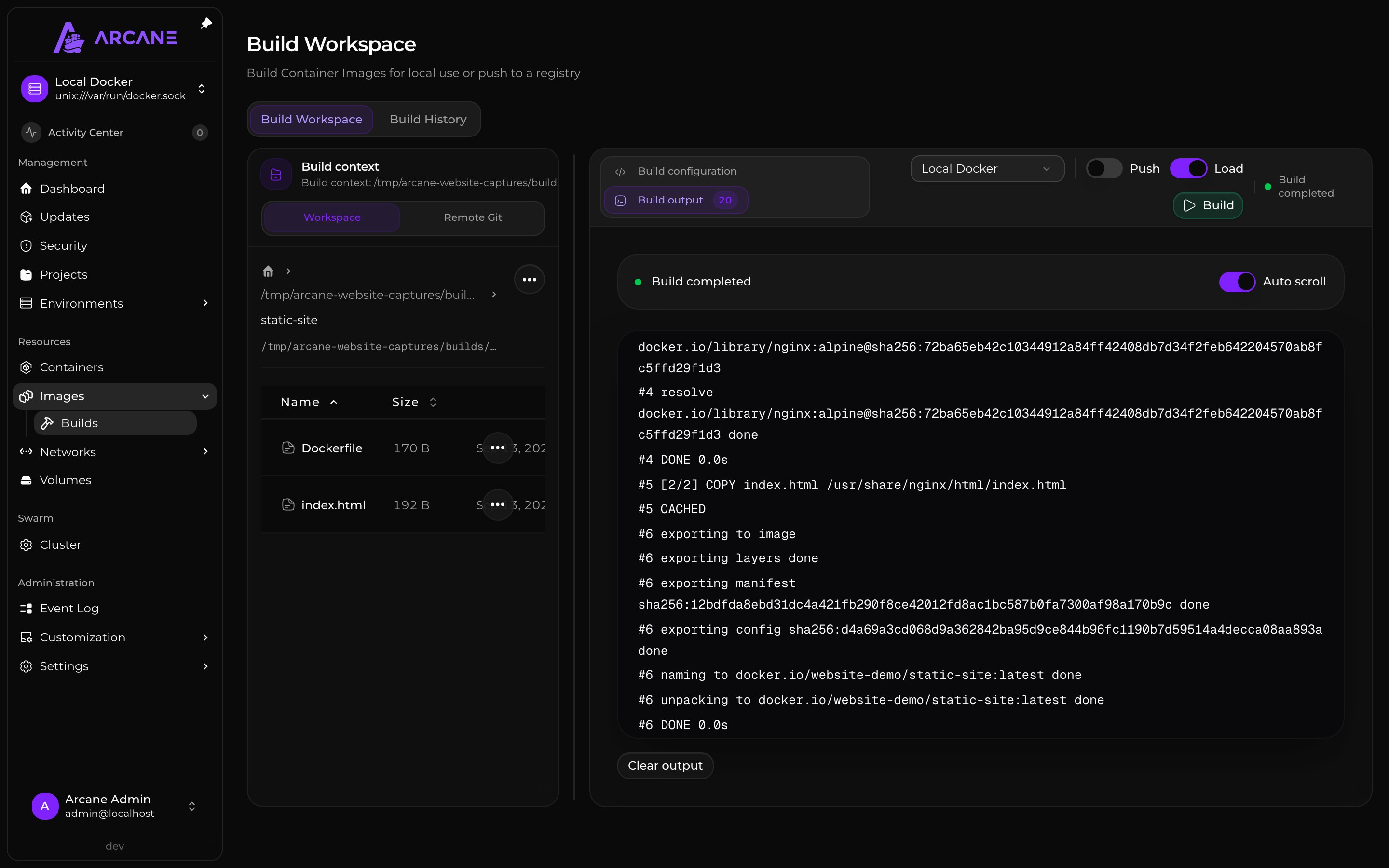 A completed local Docker image build with its context files and output.