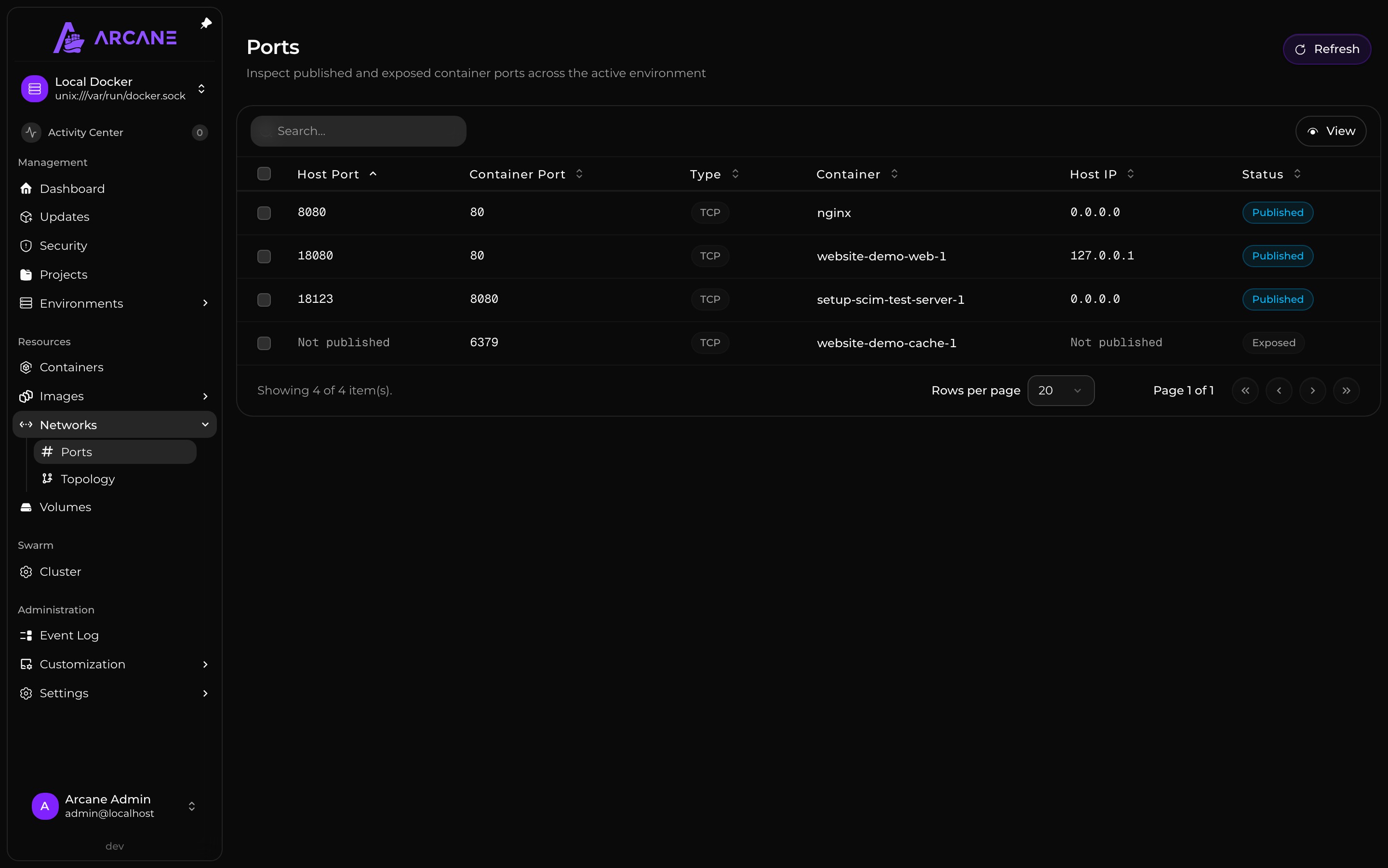 Published and exposed container ports in Arcane.