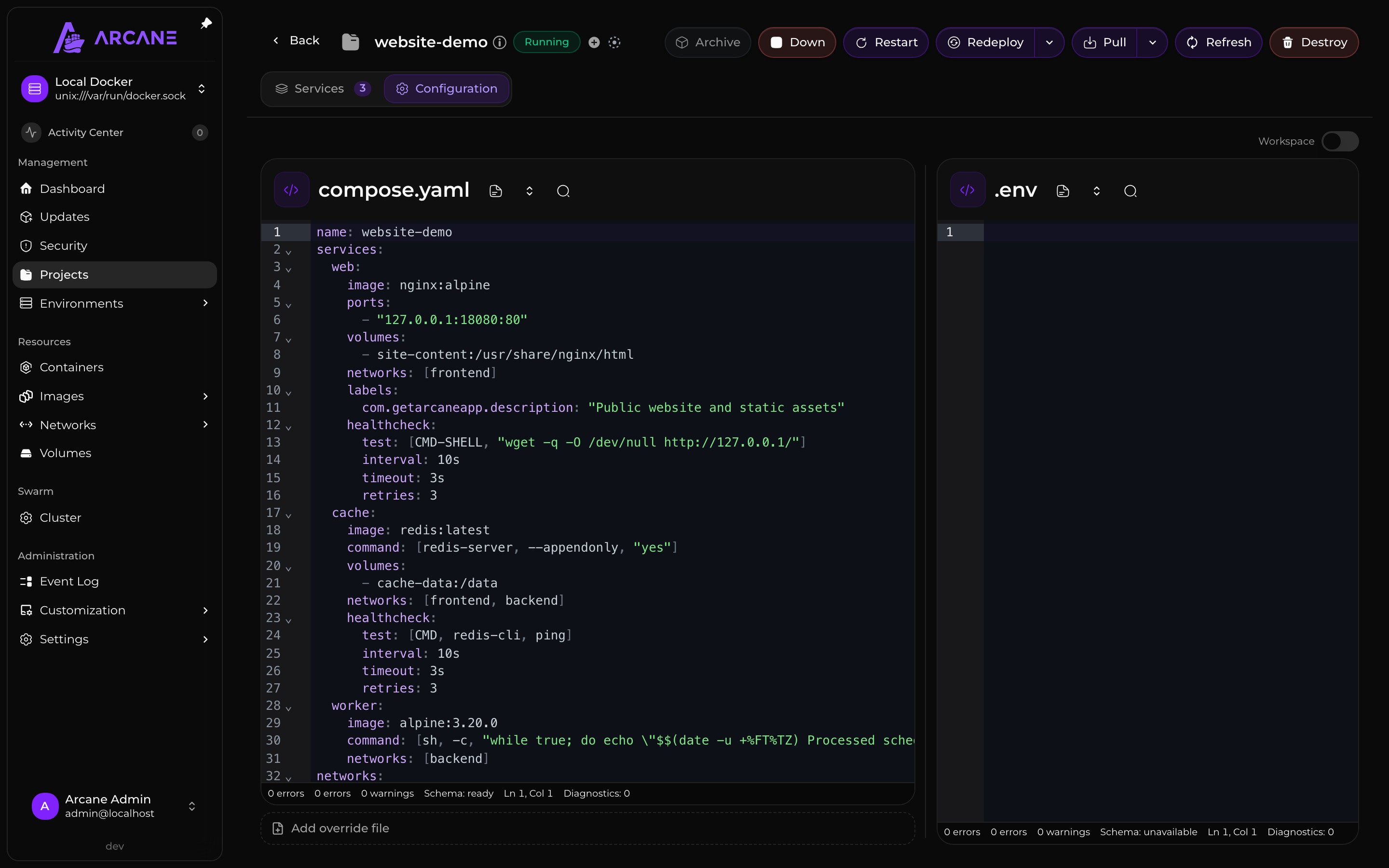 The Compose editor for a running project with web, cache, and worker services.
