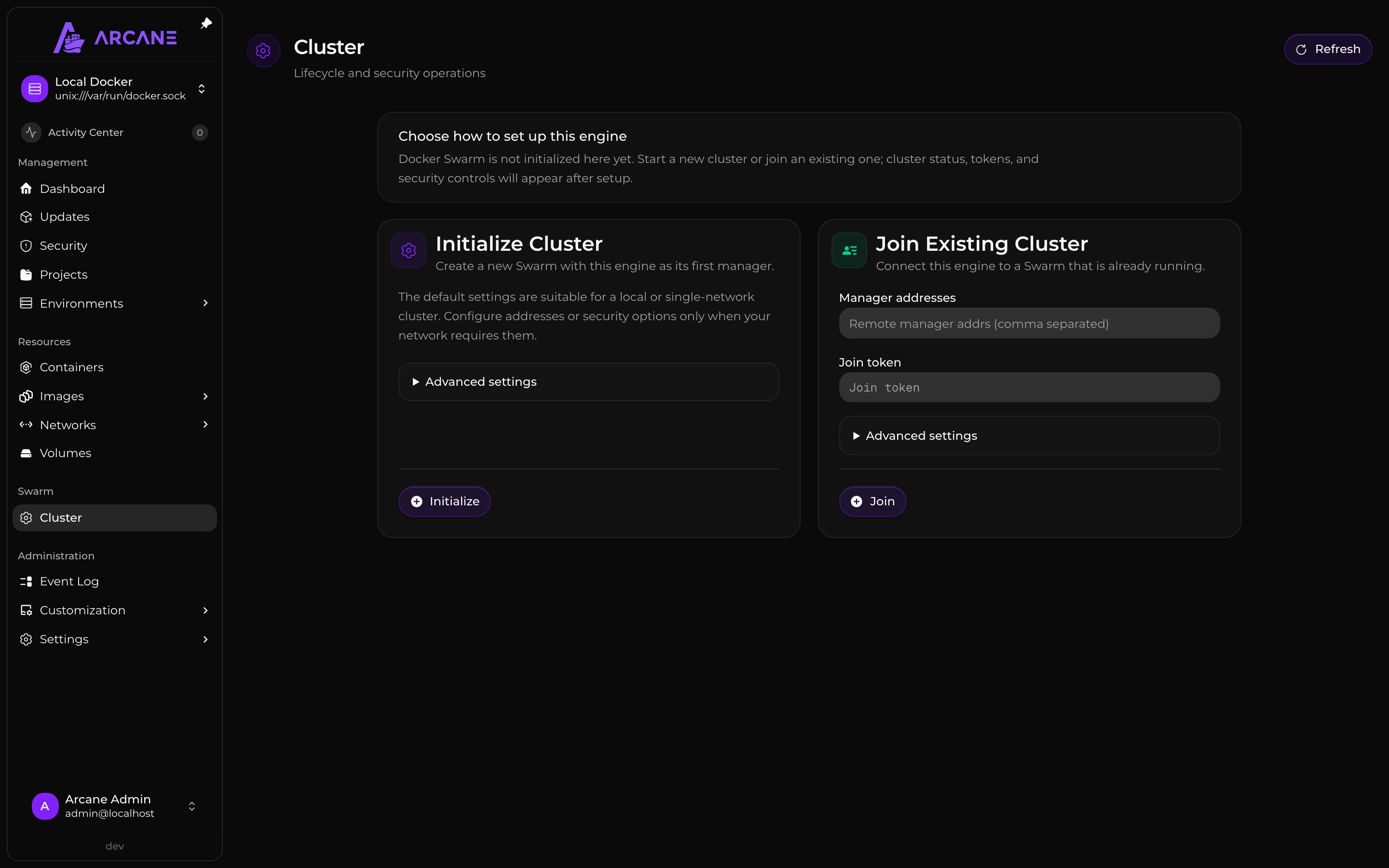 Options to initialize a Docker Swarm or join an existing cluster.