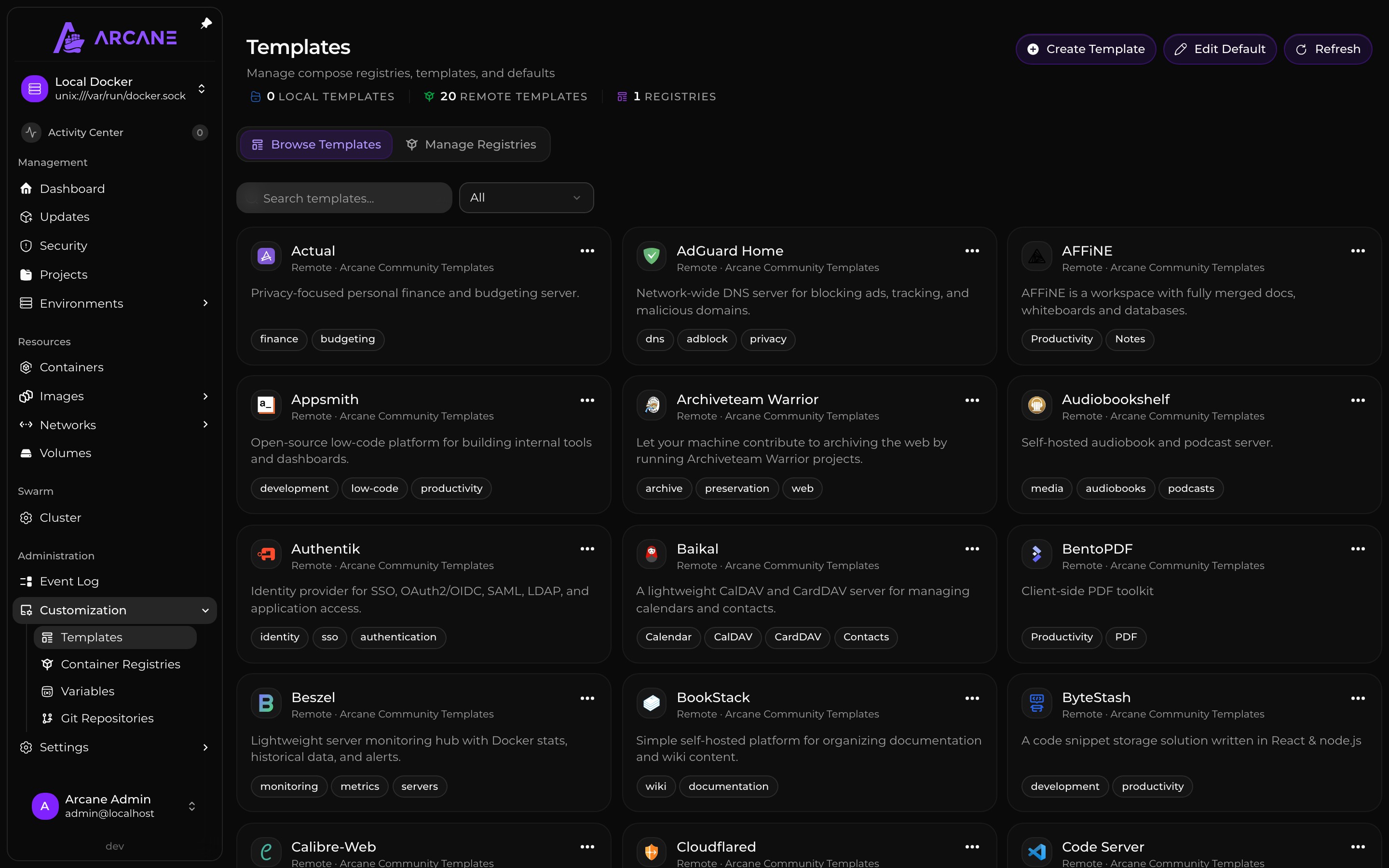 Community Compose templates with application descriptions and categories.