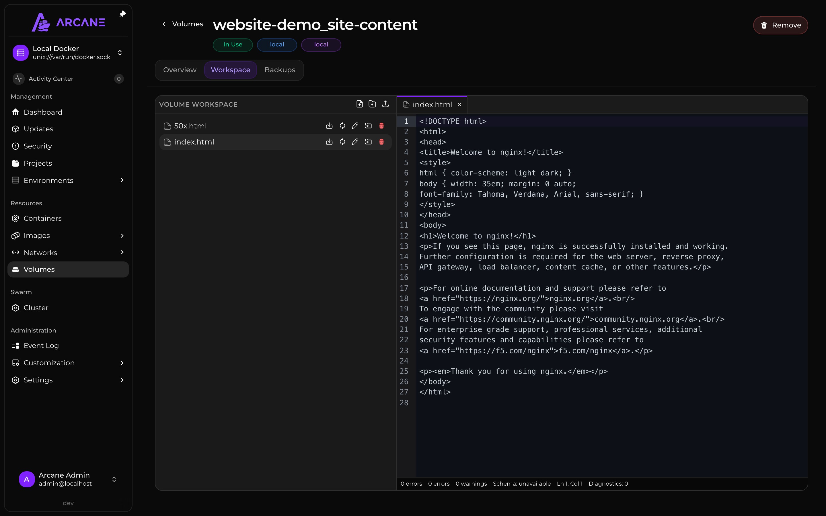 An HTML file open in the volume workspace editor.