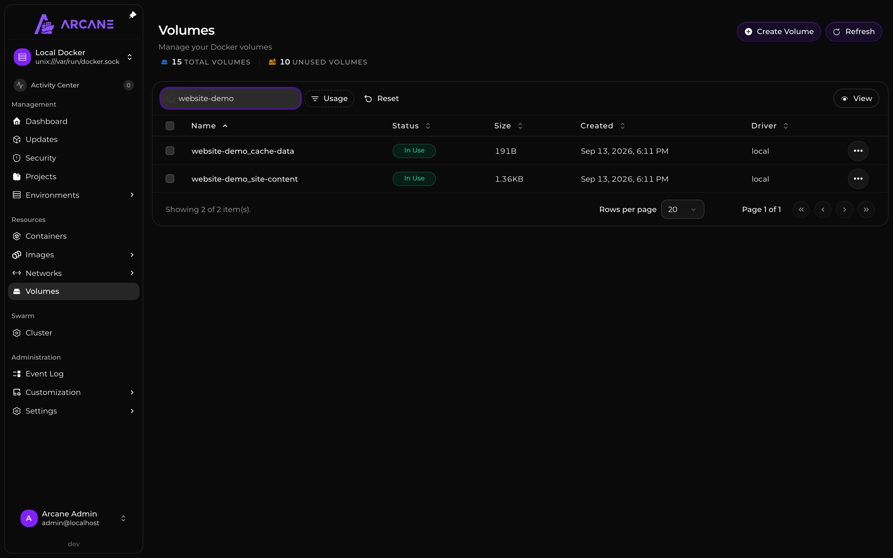 Persistent volumes used by the demo web server and cache.