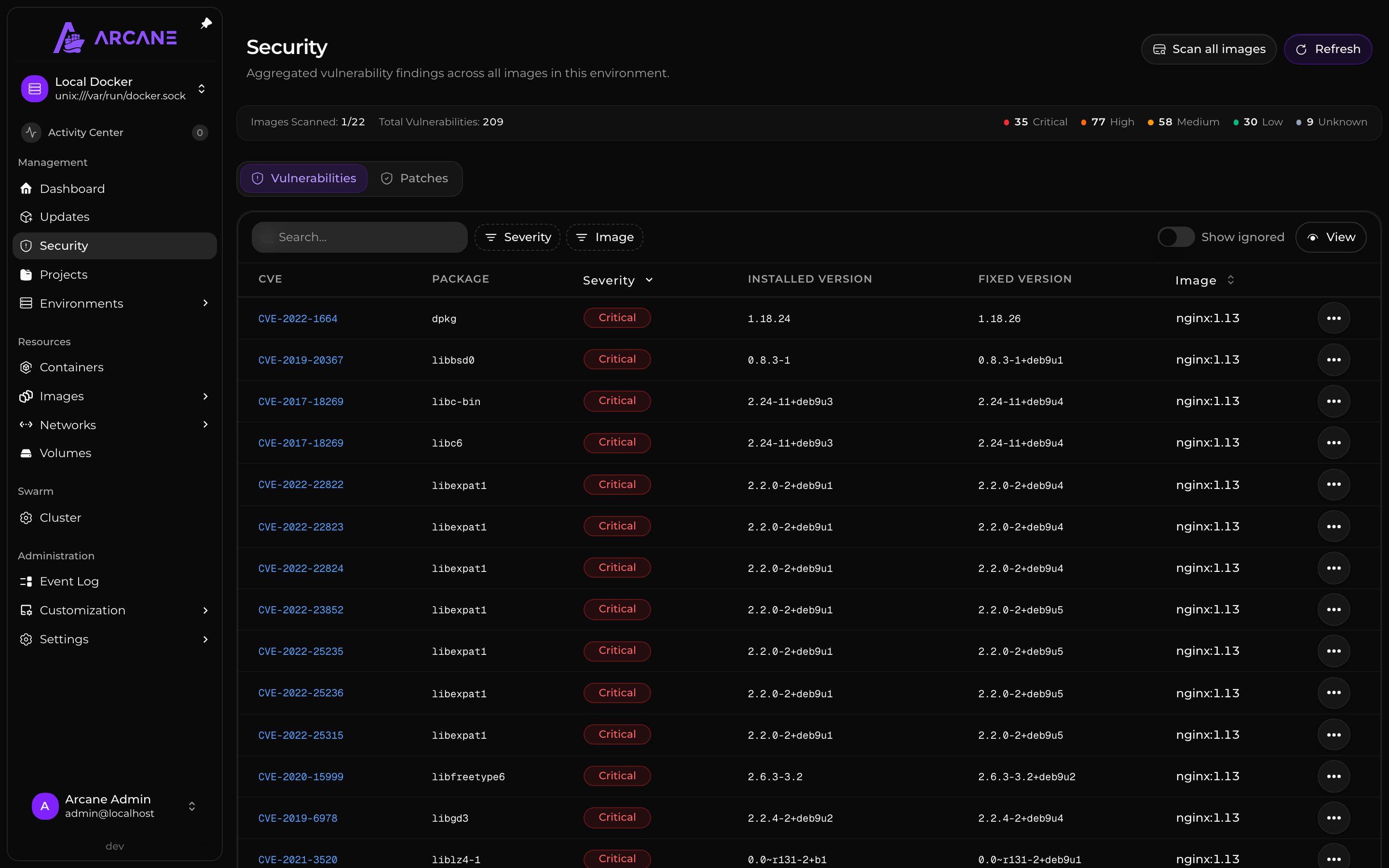 Vulnerability findings with severity, affected packages, and fixed versions.